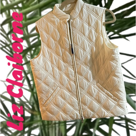BEAUTIFUL LIZ CLAIBORNE QUILTED DIAMOND PATTERN CREAM VEST PM W FRONT ZIP~ NWOT - Picture 1 of 12
